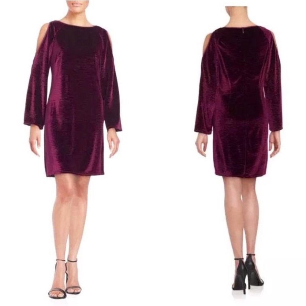 ADRIANNA PAPELL VELVET COLD SHOULDER SLEEVE DRESS SIZE 8 PETITE IN BURGUNDY